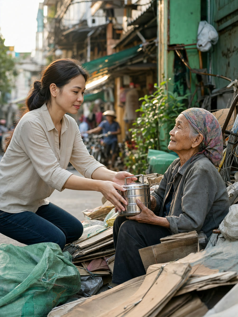 Cả xóm hắt hủi bà cụ nhặt ve chai ngủ ở góc chợ, chỉ mình tôi để phần cơm mỗi tối — ngày cụ mất, người đàn ông mặc vest tìm đến ngõ hỏi đúng tên tôi và mọi thứ lật ngược